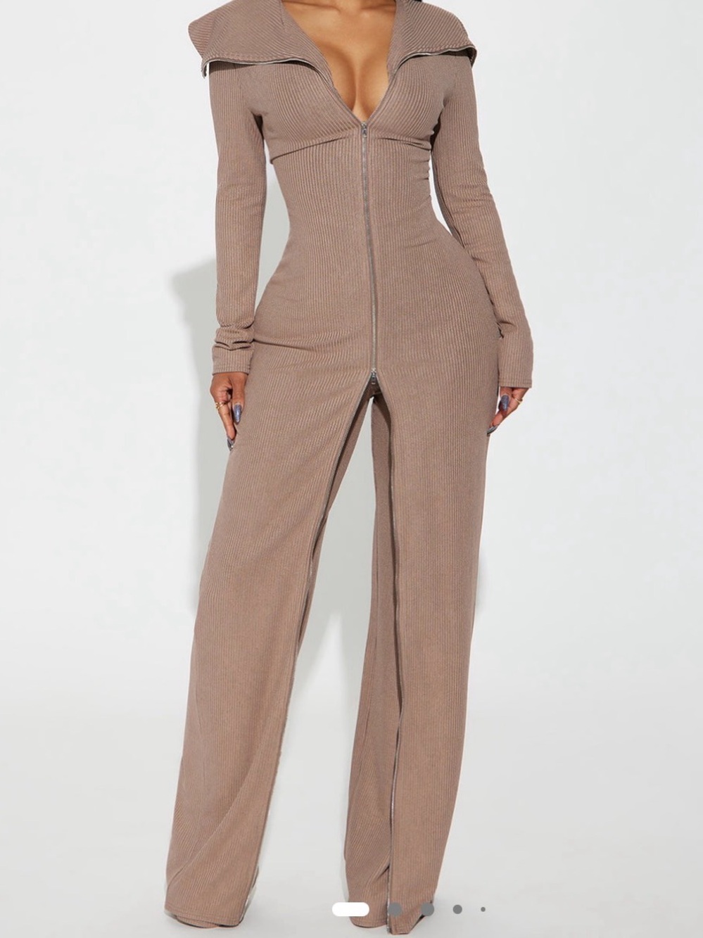 Fashion Nova Taupe Ribbed Zip-Front Wide-Leg Jumpsuit